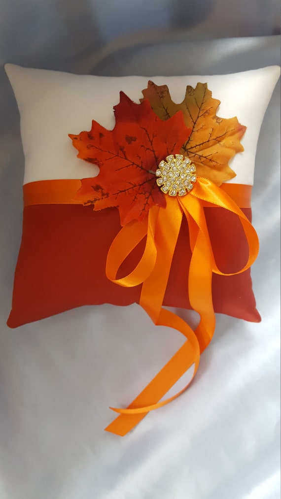 Fall Leaves Ring Bearer Pillow Orange Rust Ivory Autumn Colors Ring Pillow Gold Rhinestone Leaf