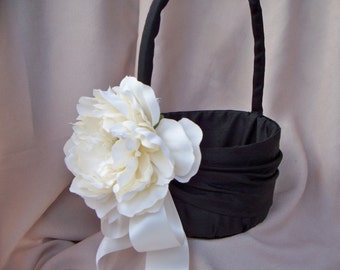 Flower Girl Basket Black Ivory Silk Peony Wedding Bridal