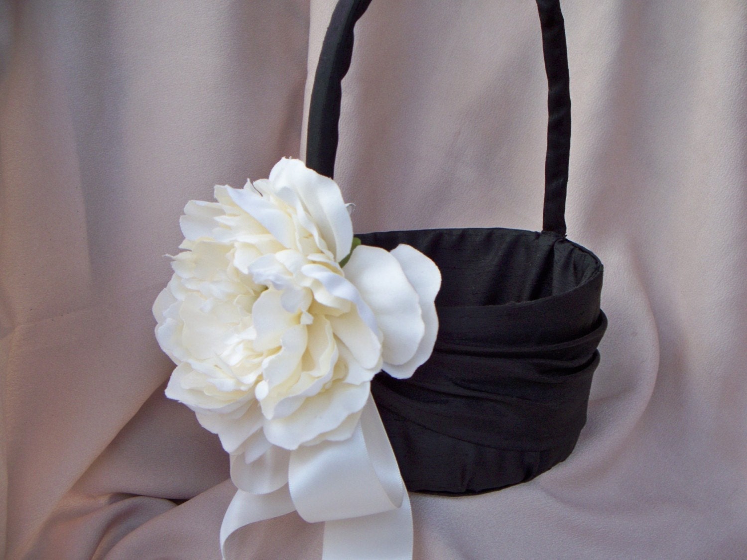 Flower Girl Basket Black Ivory Silk Peony Wedding Bridal