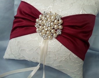 Ivory Dark Red Ring Bearer Pillow Lace Ring Pillow Pearl Rhinestone Accent Cranberry Apple Red