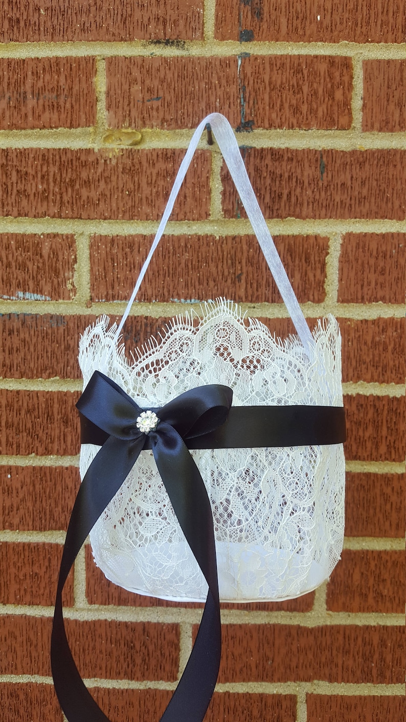 Ivory Chantilly Lace Black Flower Girl Basket Flower Girl Etsy