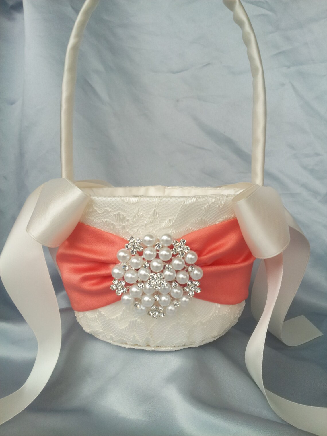 Ivory Coral Flower Girl Basket Ivory Satin Flower Girl Basket Etsy