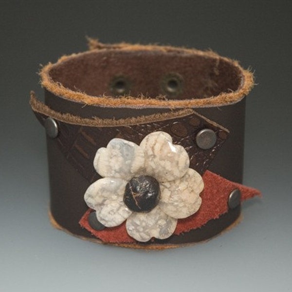 SALE-  Garnet and Pink Agate Flower Cuff Bracelet