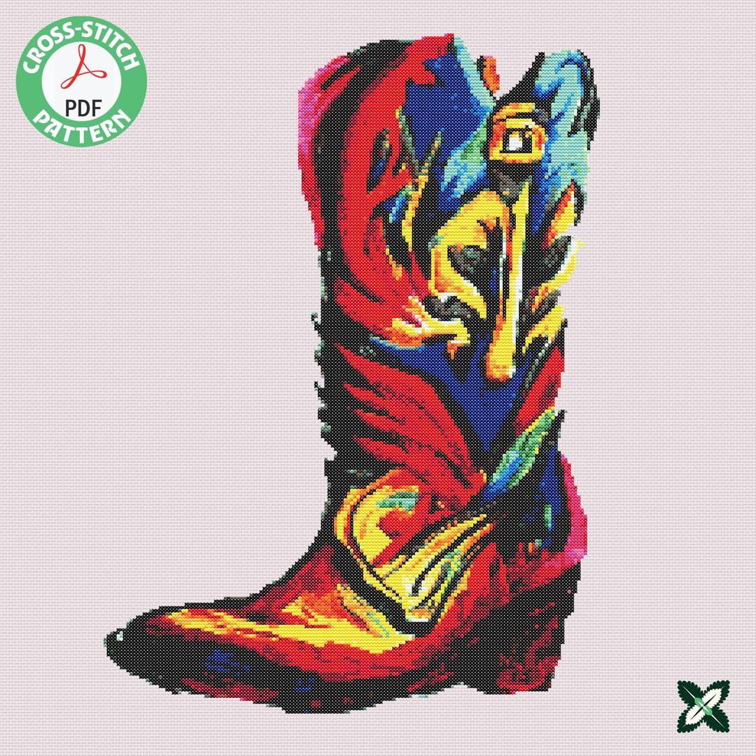 Boot Stitich Pattern Colorful Western Boot - Cross Stitch PDF Pattern – Detailed & Stitcher ...