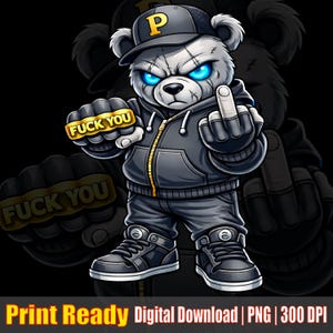 Streetwear Teddy PNG Asset - Aggressive Hip Hop Bear with Cap & Brass Knuckles Graphic - Urban Design Element for Shirts - High Quality 300DPI