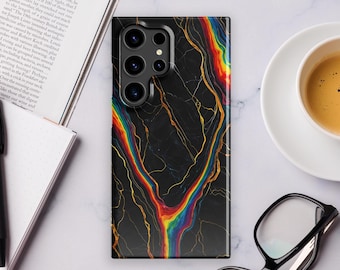 May include: A black phone case with a rainbow and gold marble design. The case has a raised camera bump with three lenses.