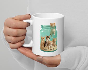 Kittens Cats Happy Pills White Mug, Cute Cat Cup, Large Espresso Cappuccino Ceramic Tea Cup, Xmas Christmas Housewarming House Warming Gift