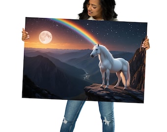 Könnte beinhalten: Ein weißes Einhorn mit einem Regenbogenhorn steht auf einer Klippe mit Blick auf ein Tal mit einem Vollmond am Himmel.