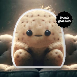 May include: A plush toy shaped like a potato with a smiling face and small eyes. The potato is sitting with its legs crossed and has a brown and white color scheme. The toy is on a couch with a brown leather surface.