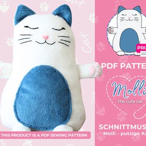 Puede incluir: Patrón de costura PDF para un gato de peluche llamado Molli. El patrón incluye instrucciones para hacer un gato blanco con detalles azules y almohadillas rosas. El patrón está disponible para descargar e imprimir.