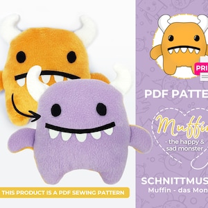 May include: PDF sewing pattern for a plush toy monster with two different expressions. The pattern includes instructions for making a happy monster with orange fur and a sad monster with purple fur. The pattern is called "Muffin - the happy & sad monster".
