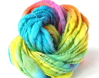 Handspun Yarn Hand Dyed Merino Wool Mohair Soft Colorful Thick and Thin Art Yarn Super Bulky Yarn by FiberFusion 78 yards- Spring Rainbow