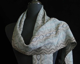 Handwoven Scarf Soft Handmade Tencel Shawl by FiberFusion Light Weight Wrap 9 x 75" Long Grey Blue Tan Black Wearable Art Scarf- Sea Mist