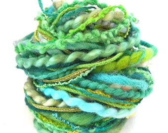 Art Yarn Bundle Mixed Media Textile Fiber Sampler Pack 10 Unique Green Gold Yarns 2 yards each 20 Yards Spring Craft DIY FiberFusion- Peapod