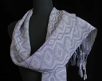 Handwoven Scarf Soft Handmade Tencel Shawl by FiberFusion Light Weight Winter Scarf Wrap 9 x 75 Navy Blue White Woven Scarf - Midnight Star