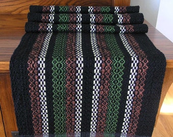 Handwoven Cotton Table Runner Long 12 x 60 Inches Unique Handmade Modern Farmhouse Decor by FiberFusion Black Brown Green- Winter Forest