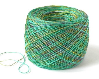 Hand Dyed Yarn Cotton Lace Weight Yarn 975 Yards Unique Variegated Mercerized Jade Green Lime Grey Weaving Craft Yarn by FiberFusion- Peapod