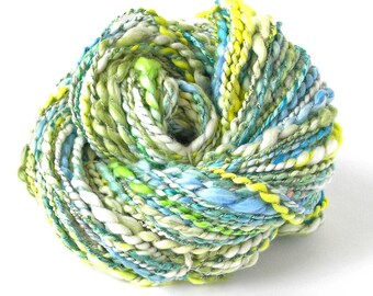 Handspun Yarn Hand Dyed Cotton Bamboo Rose Fiber Thick and Thin Worsted Art Yarn FiberFusion Variegated Green Blue White 122 Yards- New Leaf