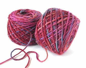 Hand Dyed Yarn Wool Alpaca Single Ply Worsted Weight Yarn by Fiberfusion 270 yards Unique Variegated Red Peach Color 2 Skeins- Raspberry