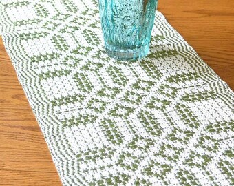 Handwoven Table Runner White and Green Spring Summer Unique Home Decor Wall Hanging Housewarming Gift Cotton Bamboo 11 x 39 inches- Tranquil
