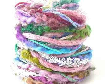 Art Yarn Bundle Hand Dyed Unique Wool Mixed Fiber Yarn Sampler Pack Pastel 10 Yarns 2 yards each 20 Yards Spring Crafts Pink Rose- Spring