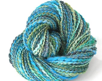 Handspun Yarn Hand Dyed Superwash Merino Wool Nylon Mohair Gold Metallic Chunky Soft Yarn 145 yards Variegated Multi Color Green Blue- Isle