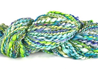 Handspun Cotton Silk Rayon Yarn Hand Dyed Unique Soft Textured Chunky Art Yarn by FiberFusion Variegated Green Blue White 130 Yards - Flora