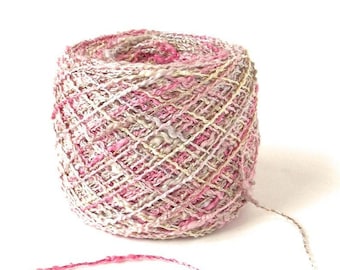 Hand Dyed Rayon Cotton Boucle Yarn Sport DK Weight 310 Yards  Rose Cream Variegated Thick and Thin Nubby Textured Yarn- Pink Opal