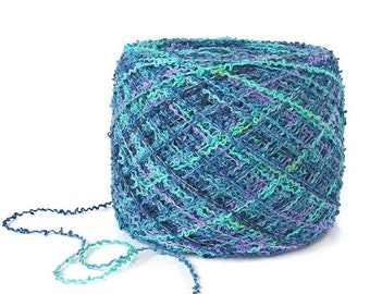 Hand Dyed Yarn Cotton Poly Boucle Lace Weight 450 Yards Variegated Colors Nubby Textured Weaving Yarn FiberFusion Aqua Navy Purple-Blue Pool