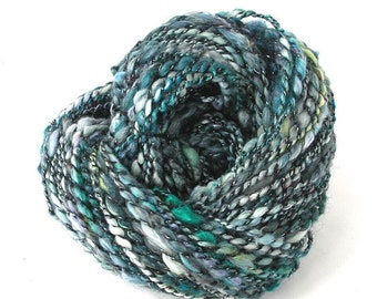 Handspun Yarn Hand Dyed Art Yarn 325 Yards Merino Wool Cotton Silk Bulky Thick and Thin Variegated Teal Blue Green Sparkle Tweed- Dragon