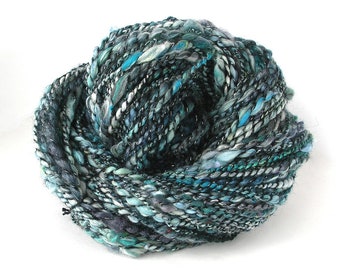 Handspun Yarn Hand Dyed Art Yarn 325 Yards Merino Wool Cotton Silk Bulky Thick and Thin Variegated Teal Blue Green Sparkle Tweed- Dragon