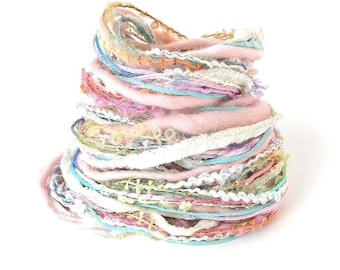 Art Yarn Bundle Mixed Fiber Novelty Yarn Textile Craft Sampler Pack 10 Unique Spring Pastel Yarns 2 yards each 20 Yards- Delicate Flowers