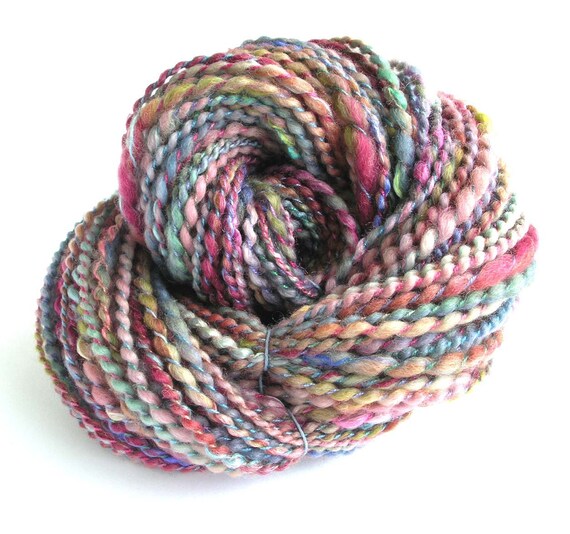 Handspun Bulky Yarn Hand Dyed Rambouillet Wool Silk Rayon Art Yarn FiberFusion 215 Yards Unique Colorful Yarn Pine Plum Winter Rhapsody