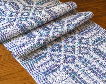 Handwoven Table Runner Purple Blue White Cotton Unique Hand Dyed Home Table Decor Wall Hanging Housewarming Gift 11 x 40 inches- Hydrangea