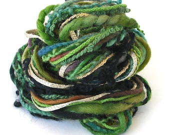 Art Yarn Bundle Mixed Fiber Novelty Textile DIY Craft Sampler Pack 10 Unique Hand Dyed Yarns Textures 2 yards each 20 Yards- Mystic Green