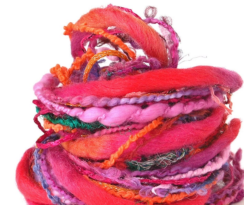 Art Yarn Bundle Mixed Novelty DIY Textile Fiber Sampler Pack 10 Unique Trims Yarn 2 yards each 20 Yards Summer Craft Scarlet Pink-Red Dahlia image 5