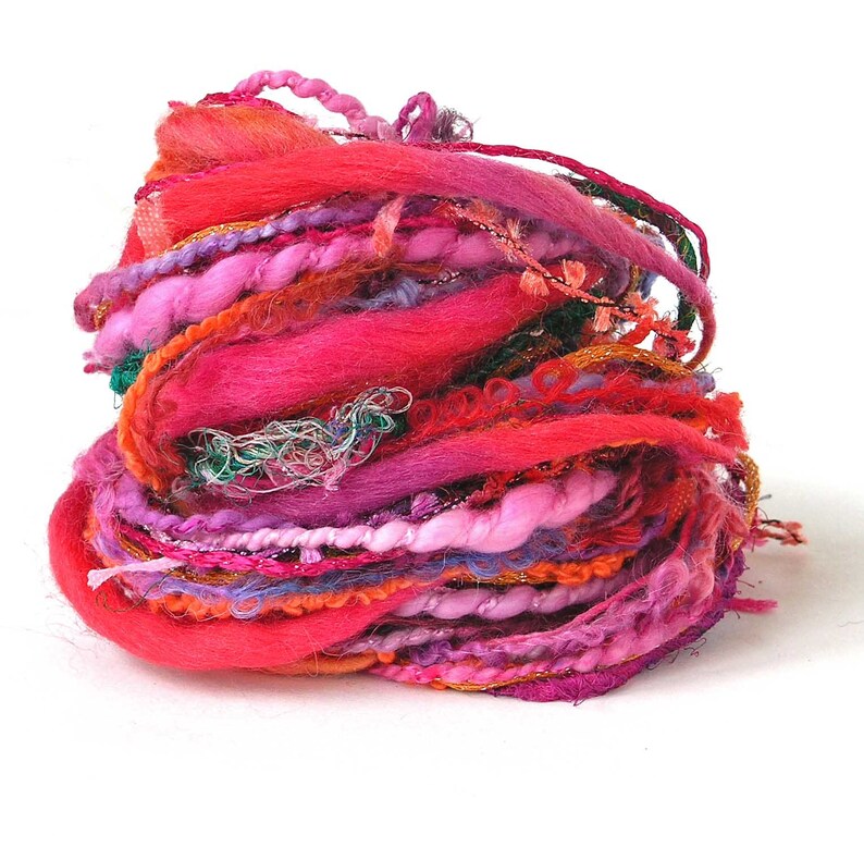 Art Yarn Bundle Mixed Novelty DIY Textile Fiber Sampler Pack 10 Unique Trims Yarn 2 yards each 20 Yards Summer Craft Scarlet Pink-Red Dahlia image 2