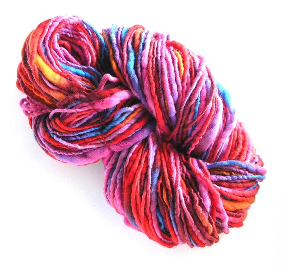 Handspun Bulky Yarn Hand Dyed Rambouillet Wool Silk Rayon Art Yarn FiberFusion 215 Yards Unique Colorful Yarn Pine Plum Winter Rhapsody