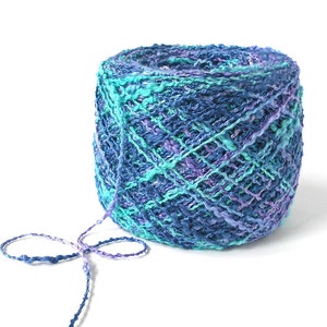 Hand Dyed Rayon Cotton Boucle Yarn Sport DK Weight 310 Yards Multi Blue Color Variegated Thick and Thin Nubby Textured Yarn- Reflecting Pool