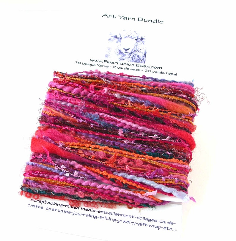 Art Yarn Bundle Mixed Novelty DIY Textile Fiber Sampler Pack 10 Unique Trims Yarn 2 yards each 20 Yards Summer Craft Scarlet Pink-Red Dahlia image 4