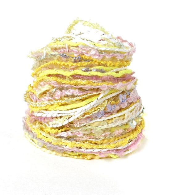 Art Yarn Bundle Mixed Fiber Yarn Sampler Pack Unique Novelty Trim Textures 10 Yarns 2 yards each 20 Yards Light Yellow White Rose- Daffodil