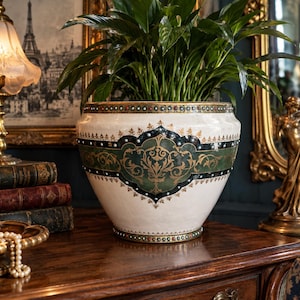 Grand cache-pot Boch La Louvière ancien – Faïence belge décor vert et doré