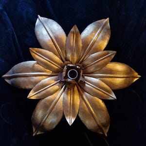 Vintage Gilt Metal Flower Ceiling Light 24.4", Hollywood Regency Floral Flush Mount, Gold Leaf Petal Lamp, Maison Jansen Style