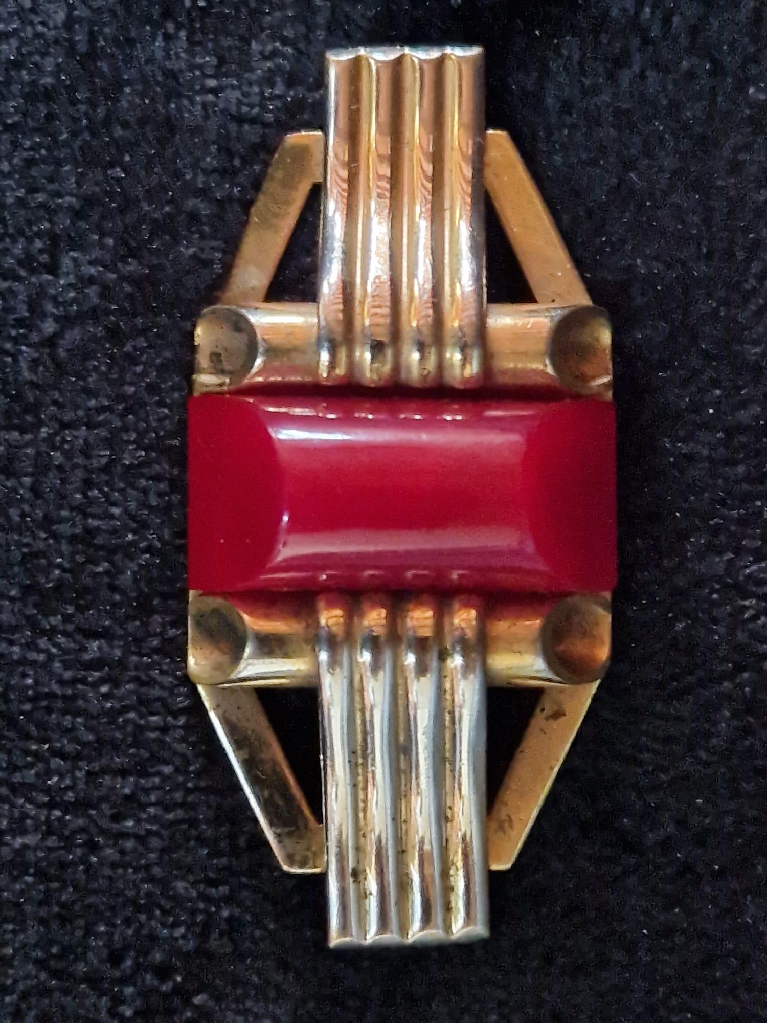 Broche Art Déco Jakob Bengel - Métal Chromé & Galalithe Orange - Années 1930 - Occasion