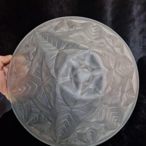 Könnte beinhalten: Eine Schale aus mattiertem Glas mit einem Blattmuster. Die Schale ist rund und hat ein sternförmiges Design in der Mitte. Die Blätter sind in das Glas geätzt und erzeugen eine strukturierte Oberfläche. Die Schale wird von einer Hand gehalten.