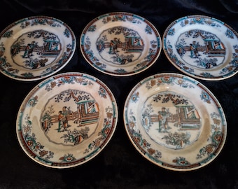 Set of 5 antique earthenware plates with Chinese decor – 19th century – 18 cm plates