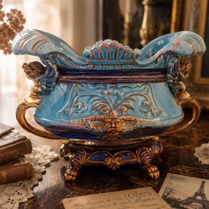 Peut inclure: Un bol de centre de table en céramique émaillée dans des tons bleu clair et bleu profond avec des accents dorés. Le bol présente des sculptures en relief ornées, dont un motif de visage central, des figures ailées et quatre pieds griffes.