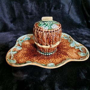 Antique Majolica Tobacco Set – Acorn Tobacco Jar with Oak Leaf Tray – French Rustic Decor