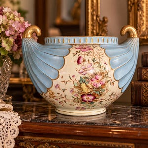 Könnte beinhalten: Ein Keramikgefäß mit einem cremefarbenen Mittelteil, das mit einem Blumenmotiv aus rosa und violetten Blüten verziert ist. Die Seiten sind hellblau mit gerippten Details und goldfarbenen Griffen. Der Rand hat eine gewellte Kante mit Goldakzenten.
