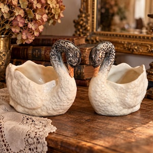 Pode incluir: Um par de vasos de cerâmica em forma de cisne com corpos brancos texturizados, pescoços longos e curvos com plumagem cinza-escura e preta, e bicos laranja. Cada cisne tem um centro oco para pequenos objetos ou plantas, acabamento brilhante.